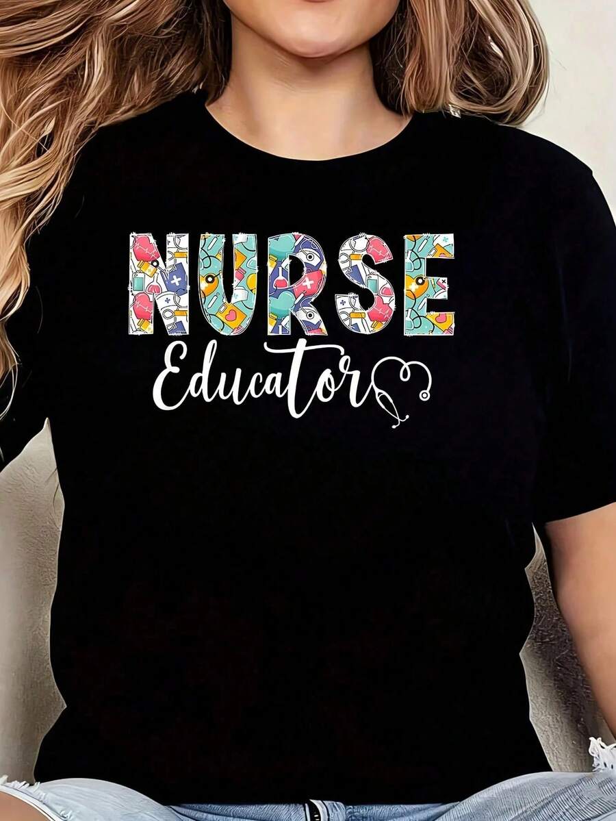 Nurse Educator, Best Nurse Educator, 1 Piece, Women's Plus Size T-Shirt, 220g Short Sleeve Graphic T-Shirt, Novelty, 100% Polyester, Casual Crew Neck T-Shirt - 黑色 - 查看 1