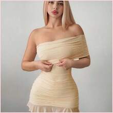 Vestido mini asimétrico de malla con hombros descubiertos y silueta ajustada - Blanco - Ver 2
