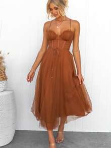 Women's Elegant European-Style Sheer Mesh Dress With Straps, Perfect For Dinner Parties, A New Fashion , And A Stylish, Feminine Casual Dress. - 黃色 - 查看 1