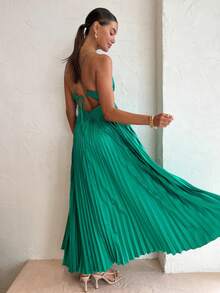 New European-American Spring-Summer 2026 Midi-Party Dress, Pleated, V-Neck, Straps, Wide Skirt - 綠色 - 查看 5