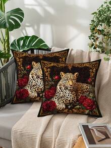 2pcs/Set Fundas de Cojín Vintage Francés con Estampado de Leopardo, Leopardo Perezoso Tumbado en Sofá con Plantas Verdes y Flores, Cojines Decorativos de Lujo Retro para Sala de Estar, Amigable con la Piel, Duradero, Lavable a Máquina, Rellenos de Cojín No Incluidos - Caqui - Ver 8