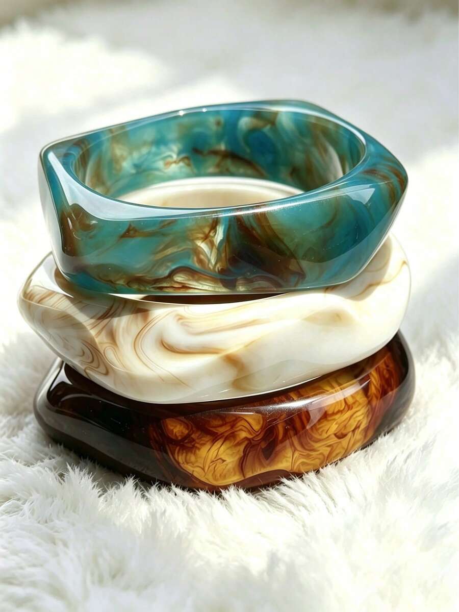 3pcs Geometric Asymmetrical Resin Acrylic Bangle Set, Bohemian Style Statement Jewelry Accessory, Versatile Layered Bangle For Women, Birthday Gift - Multicolor - View 1