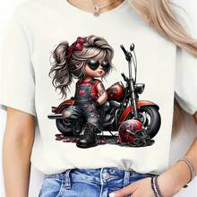Camiseta con estampado de detalles de corazón, cuello redondo elástico, ropa informal y festiva, camiseta negra con gráfico de motocicleta para mujer - Multicolor - Ver 1