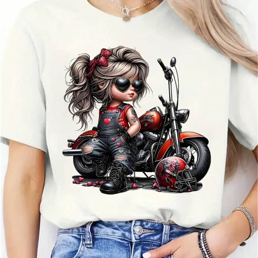 Camiseta con estampado de detalles de corazón, cuello redondo elástico, ropa informal y festiva, camiseta negra con gráfico de motocicleta para mujer - Multicolor - Ver 1