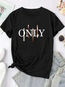 Camiseta de Mujer con Estampado de Letras Artísticas - Elegante y a la Moda - Camiseta de Cuello Redondo para Mujer, Estilo Casual Deportivo, Manga Corta, Tallas S-XXL, Múltiples Colores Dis - Negro - Ver 4