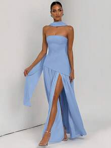 Vestido Mujer Elegante Moda Fiesta Bandejo Ajustado Liso Abertura Espalda Descubierta Cinta Flotante Estilo Europeo Nuevo - Azul - Ver 5