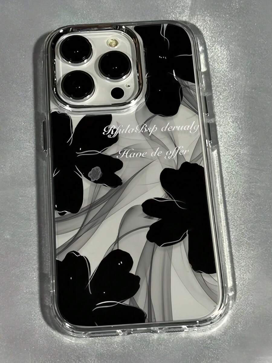 1pc Metal Transparent Personalized English Foggy Ink Flower Pattern Phone Case Compatible With IPhone 16 Pro Max/17/16/15/14 Plus/13/12/11 Protective Shell Air - Multicolor - View 1
