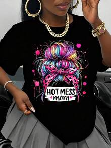 Camiseta "Hot Mess Mom" con diseño de cabello colorido, camiseta casual blanca para mujer, top con estampado gráfico, regalo para el Día de la Madre o cumpleaños. - Negro - Ver 1