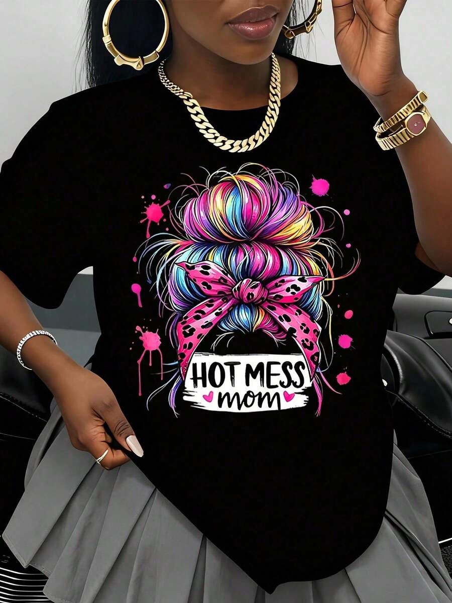 Camiseta "Hot Mess Mom" con diseño de cabello colorido, camiseta casual blanca para mujer, top con estampado gráfico, regalo para el Día de la Madre o cumpleaños. - Negro - Ver 1