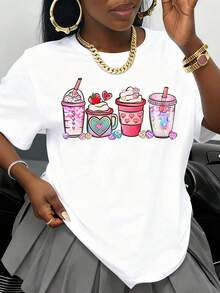 Camiseta con diseño de bebidas adorables, con gráficos de batidos coloridos y corazones, para mujeres y niñas, ropa casual de verano, regalo para el Día de San Valentín, camiseta blanca. - Blanco - Ver 1