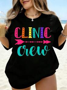 Camiseta Blanca con Gráficos Coloridos de Clinic Crew para Mujer, Estilo Casual de Playa de Verano, Top Holgado, Camiseta de Moda - Negro - Ver 1