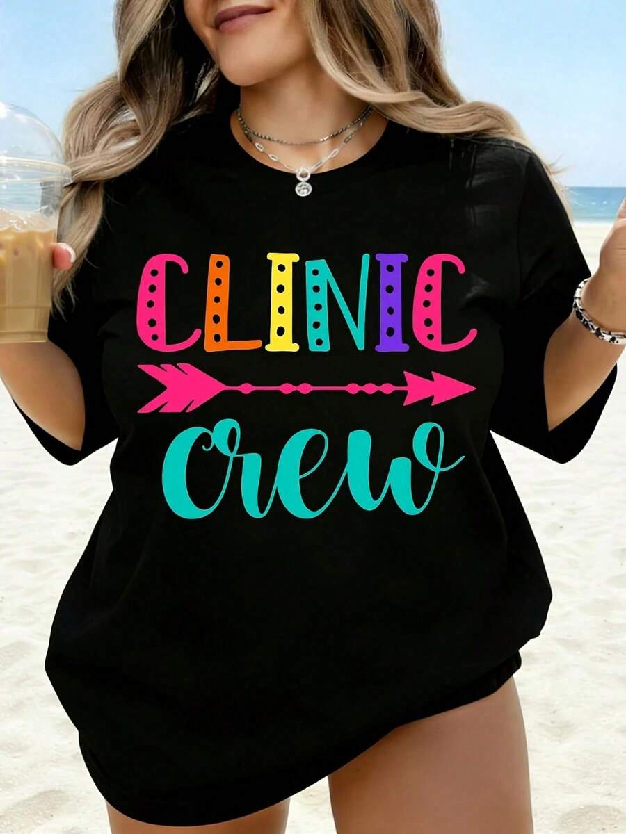 Camiseta Blanca con Gráficos Coloridos de Clinic Crew para Mujer, Estilo Casual de Playa de Verano, Top Holgado, Camiseta de Moda - Negro - Ver 1
