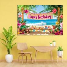 1pc 2D Flat Banner Tropical Hawaiian Beach Birthday Party Backdrop - Featuring Vibrant Palm Trees, Colorful Flowers, Ocean View And "Happy Birthday" Banner. Perfect For Summer Celebrations, Photo Props And Party Decorations, Can Be Used As Party Backdrop, Tropical Theme Party Decor And Birthday Party Decor. - Multicolor - View 5