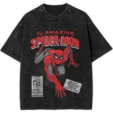 Disney 2026 Marvel Retro Spider-Man Comic Product Spider-Man Loose Comfortable Summer Men's Washed T-Shirt, Loose Fit - 1 - 查看 2