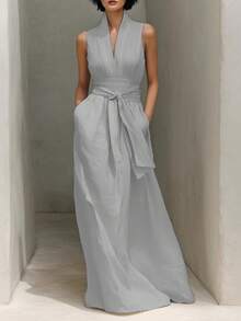 New 2026 Elegant Casual Dress, V-Neck, Solid Color, Sleeveless, Adjustable Drawstring And Pockets - 灰色 - 查看 5