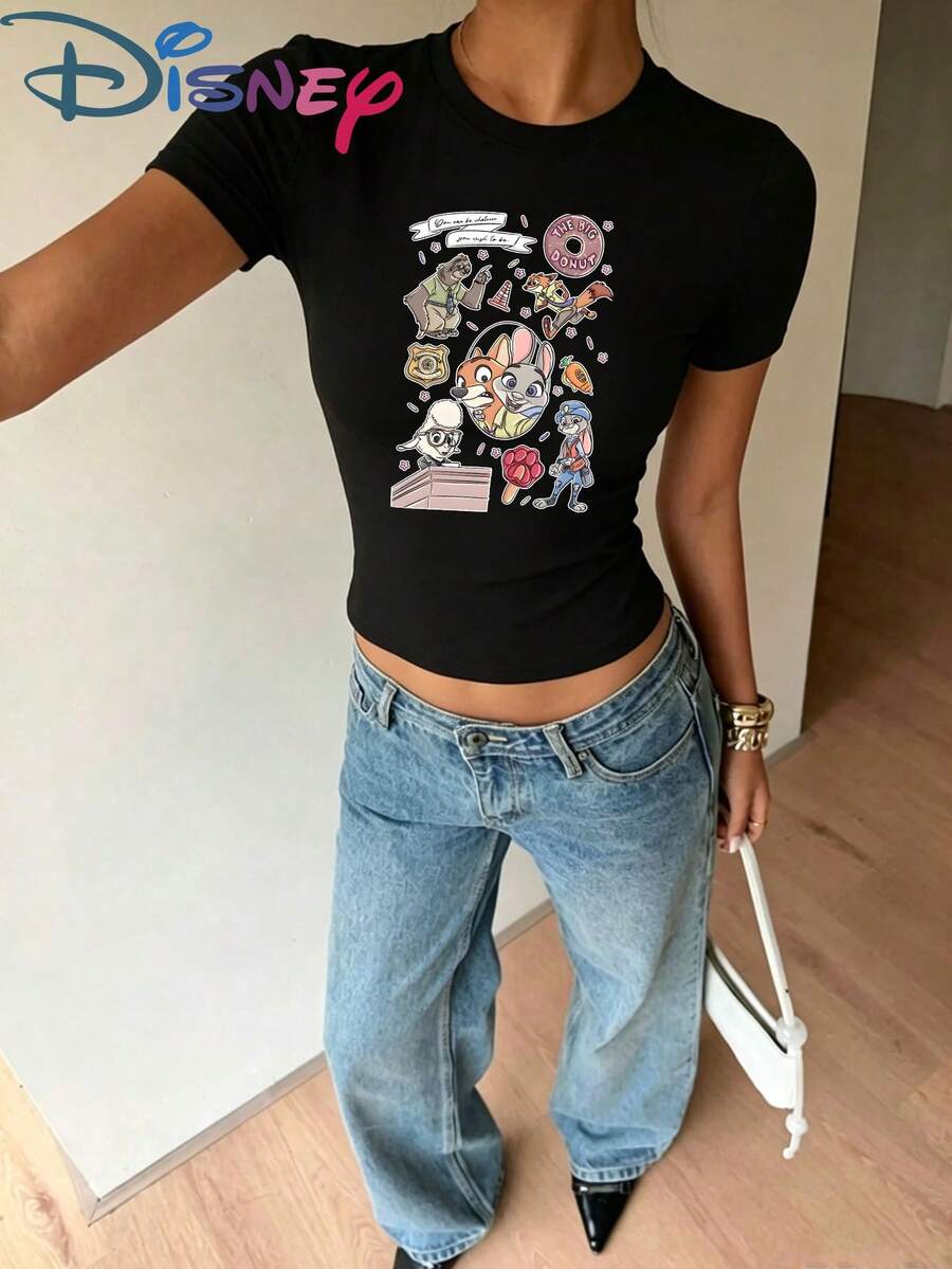 Disney Zootopia T-Shirt, Slim Fit Short-Sleeved Women's T-Shirt, Summer Hot Girl Slimming Round Neck Short-Sleeved Top - 黑色 - 查看 1