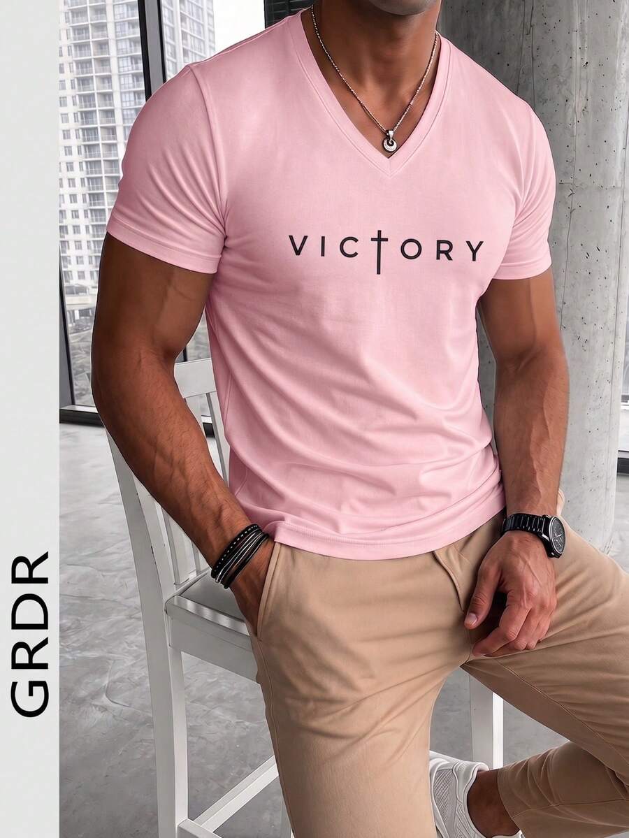 GRDR 男士字母印花 V 领短袖休闲 T 恤