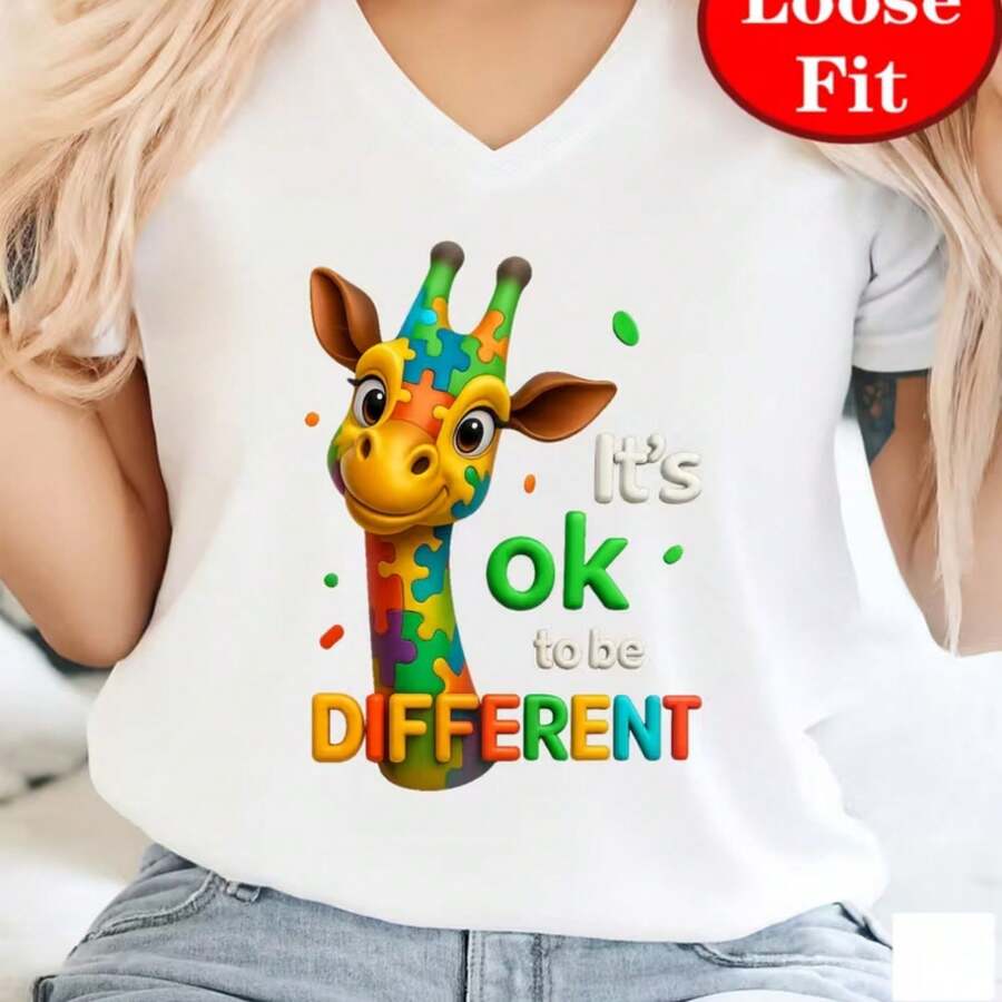 Women's Plus Size Giraffe Print T-Shirt - V-Neck, Short Sleeve, Summer Blouse With Polka Dots And Giraffe, Casual Top For Casual Outfits - 白色 - 查看 1