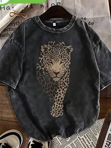 hombres y mujeresCamiseta de mujer 100% algodón, con estampado de cabeza de leopardo, lavada al estilo vintage - 230 gramos de grosor, cuello redondo, mangas cortas, estilo callejero vintage - Negro - Ver 1