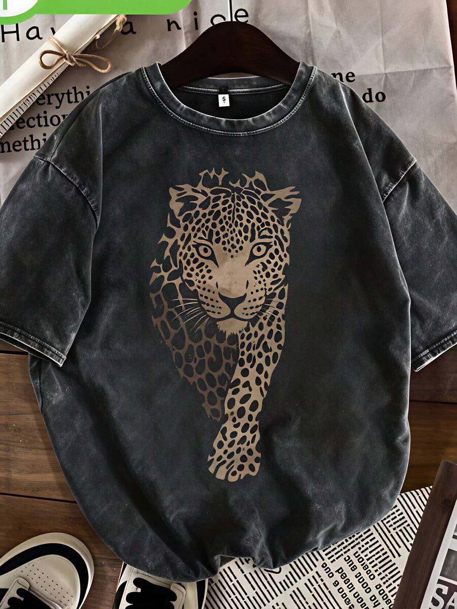 hombres y mujeresCamiseta de mujer 100% algodón, con estampado de cabeza de leopardo, lavada al estilo vintage - 230 gramos de grosor, cuello redondo, mangas cortas, estilo callejero vintage - Negro - Ver 1