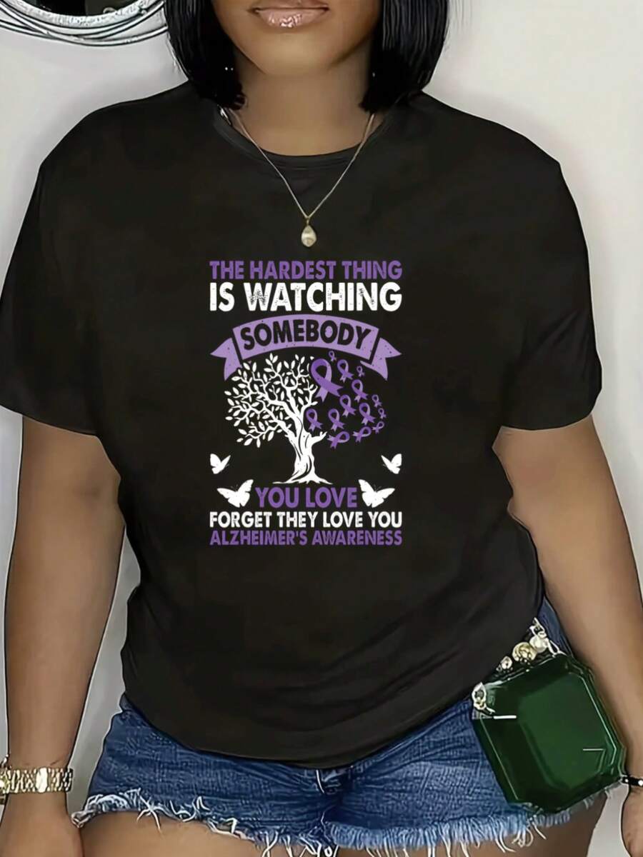 Camiseta Estampada de Concientización sobre Alzheimer para Mujer, Cuello Redondo Casual, Manga Corta, Lavable a Máquina, Perfecta para el Verano - negro - Ver 1