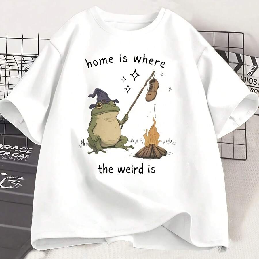 Camiseta Home Is Where The Weird Is Frog, divertida camiseta con estampado Weirdcore, camiseta informal estampada, cuello redondo, manga corta, ropa - Multicolor - Ver 1