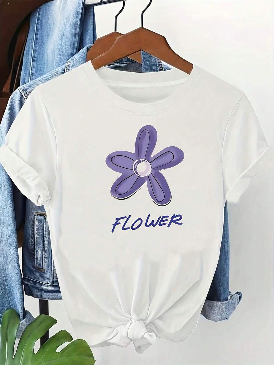 Camiseta de mujer, estampado floral, camiseta blanca de manga corta con cuello redondo, lavable a máquina, estilo casual, ajuste cómodo, diseño moderno, ropa casual versátil, tela suave, est - Blanco - Ver 1