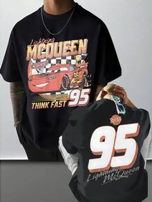 Disney Cars Lightning McQueen Varsity Tee, Distressed Letter Print, Retro American Vibe, Great For Casual Streetwear. - 黑色 - 查看 1