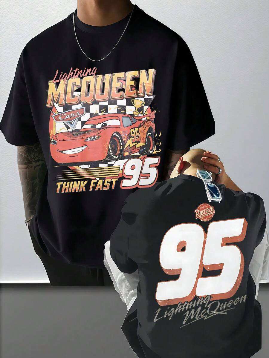 Disney Cars Lightning McQueen Varsity Tee, Distressed Letter Print, Retro American Vibe, Great For Casual Streetwear. - 黑色 - 查看 1