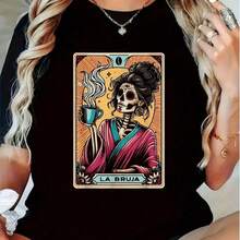 Oversized Short-Sleeved T-Shirts With A Round Neck, Skeleton Witch Tarot Design, Casual Vacation Wear, Plus-Size Women's Clothing, Casual Summer Wear, Y2K Garments - 黑色 - 查看 1
