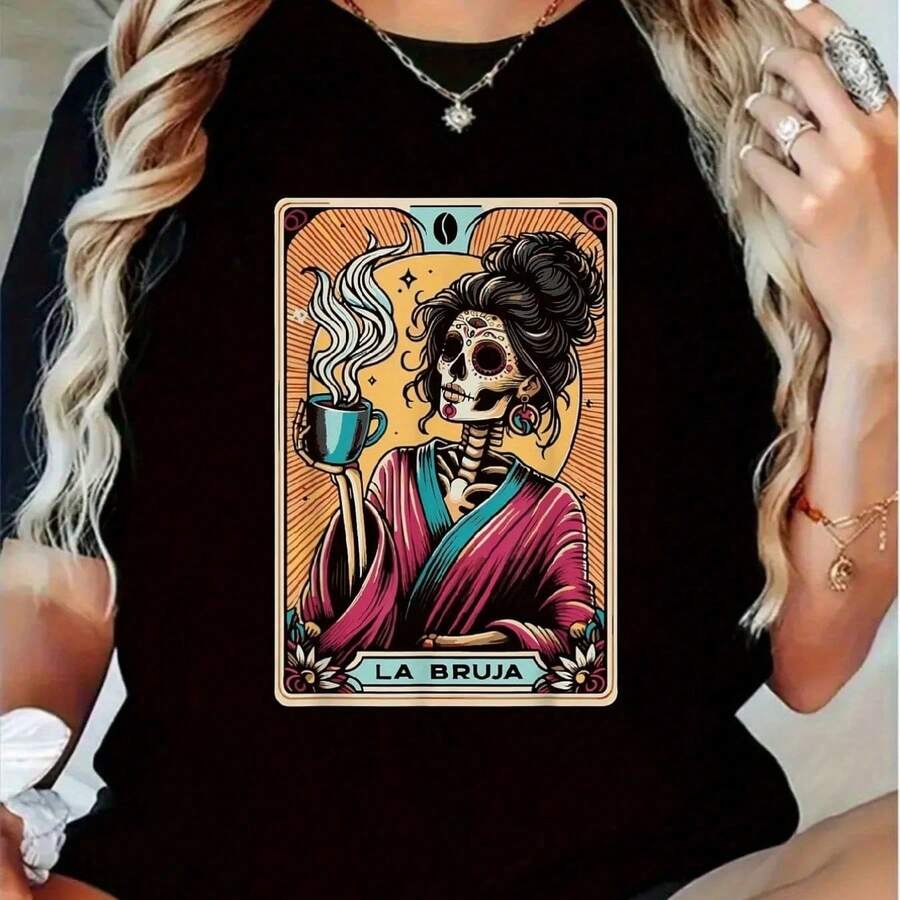 Oversized Short-Sleeved T-Shirts With A Round Neck, Skeleton Witch Tarot Design, Casual Vacation Wear, Plus-Size Women's Clothing, Casual Summer Wear, Y2K Garments - 黑色 - 查看 1