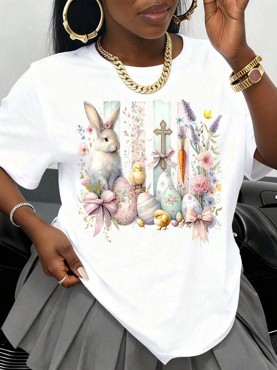 Black T-Shirt With Floral Easter Bunny And Egg Design, Easter Pastry Motif For Spring Celebration, Casual Top For Women - 白色 - 查看 1