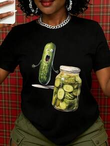 Women's Funny Pickle And Jar Graphic T-Shirt, Summer Casual Top, Humorous, Comedy, Costume, Gift For Pickle Lovers, Food Themed Clothing - 黑色 - 查看 1