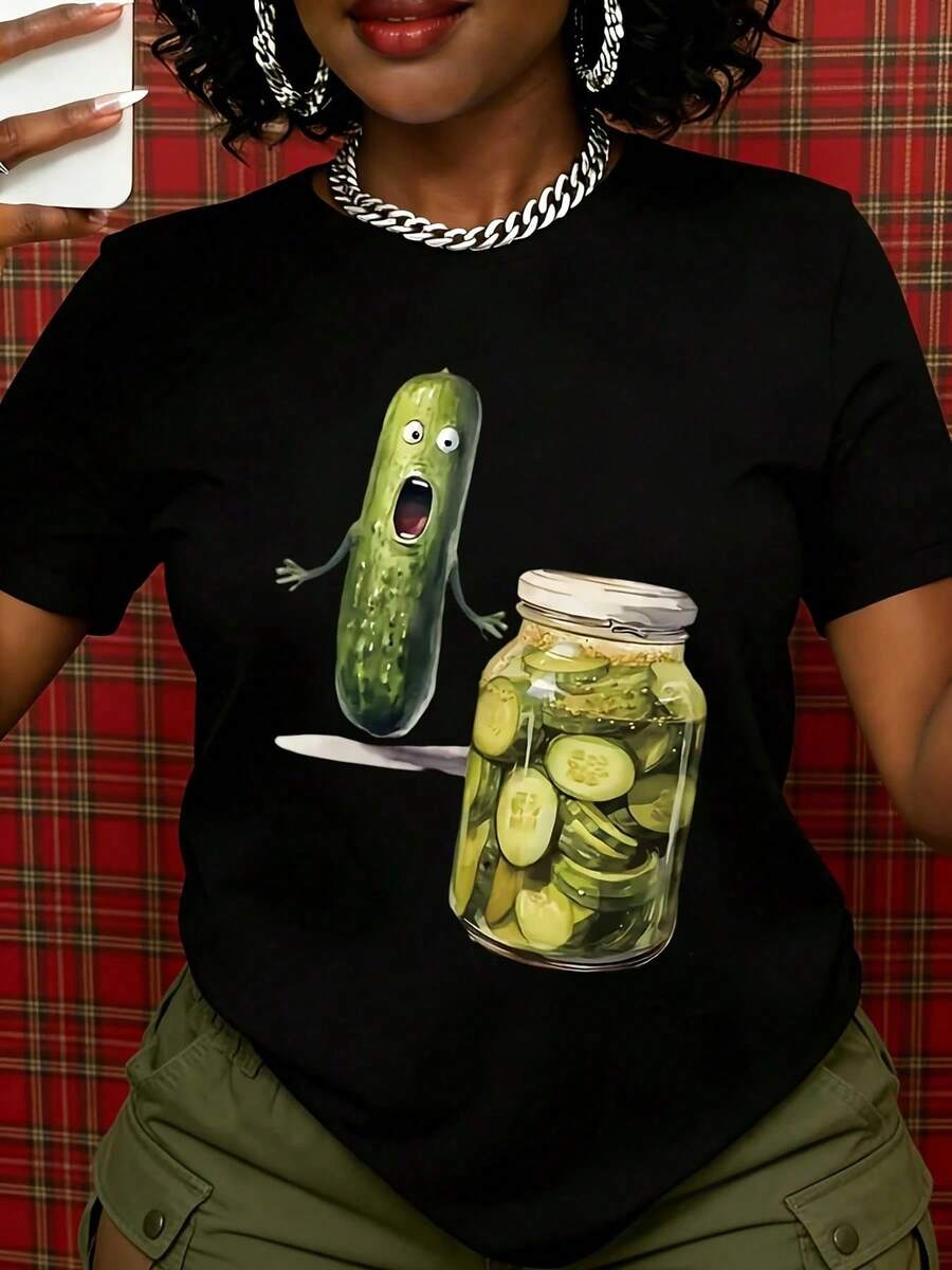 Women's Funny Pickle And Jar Graphic T-Shirt, Summer Casual Top, Humorous, Comedy, Costume, Gift For Pickle Lovers, Food Themed Clothing - 黑色 - 查看 1