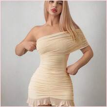 Vestido mini asimétrico de malla con hombros descubiertos y silueta ajustada - Blanco - Ver 4