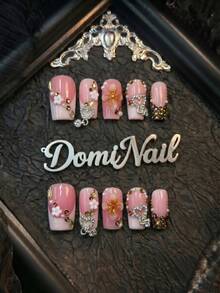 Handmade 10Pcs 0.8Inch Acrylic Short Square Press On Nails, Pink Ombre French 3D Flower Silver Heart Charm Rhinestone False Nails - Multicolor - View 1