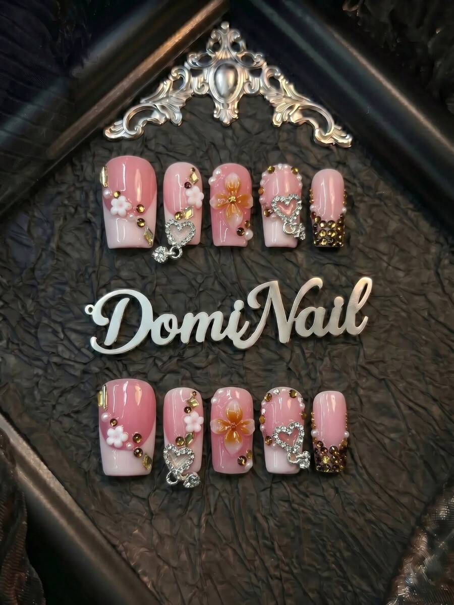 Handmade 10Pcs 0.8Inch Acrylic Short Square Press On Nails, Pink Ombre French 3D Flower Silver Heart Charm Rhinestone False Nails - Multicolor - View 1