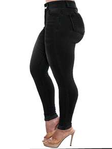Plus-Size Pure Black Slim Jeans With Button Pockets. Simple Y2K Style, Perfect For Daily And Holiday Wear. Casual - Black - View 2