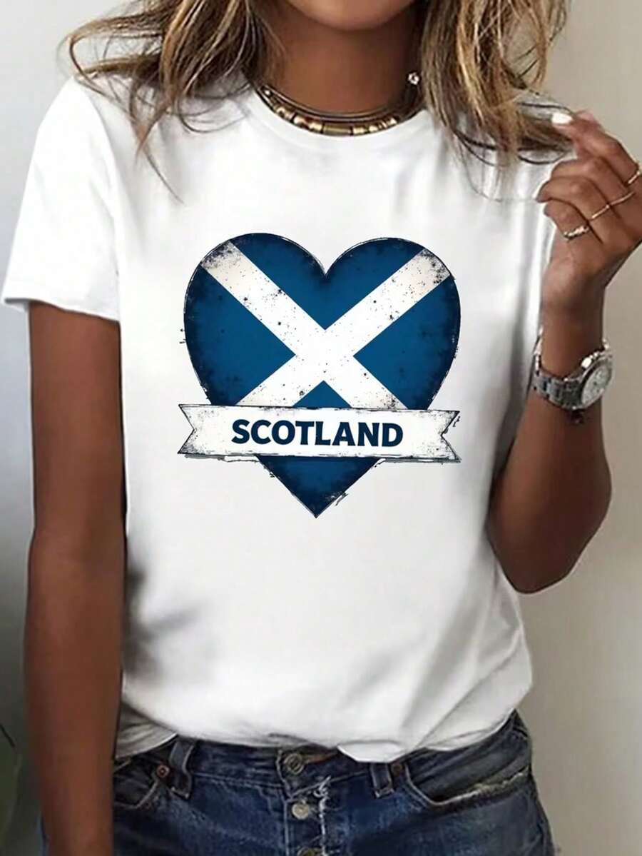 Women's Casual T-Shirt 100% Cotton With "Scotland" Saltire Heart Print - Short Sleeve, Round Neck, Lightweight, All Season Top, Spring And Summer, Casual Wear|Cami - 白色 - 查看 1