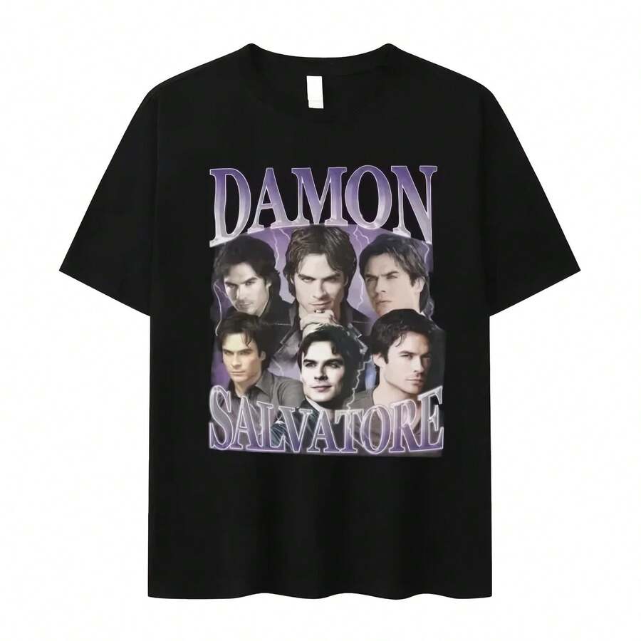 Damon Salvatore IanSomerhalder TV Drama patrón camiseta para mujer Retro gótico moda camiseta de gran tamaño para mujer ropa de calle - Multicolor - Ver 1