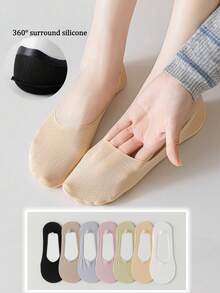 1/3/5 Pairs Women's Spring/Summer Ice Silk No-Show Boat Socks, Non-Slip, Anti-Slip Heel, Thin Low-Cut Breathable Cool Socks - Multicolor - View 2
