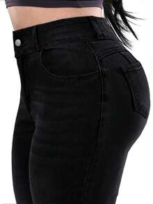 Plus-Size Pure Black Slim Jeans With Button Pockets. Simple Y2K Style, Perfect For Daily And Holiday Wear. Casual - Black - View 7