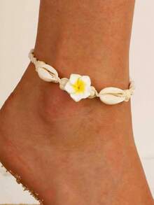 1pc New Bohemian Style Beach Anklet, Hand-Woven Polymer Clay Flower & Shell Anklet Jewelry - Yellow - View 3