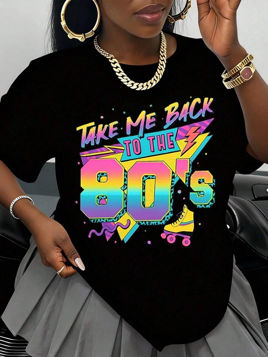 Women's Retro 'Take Me Back To The 80s' T-Shirt, 80s Themed T-Shirt, Vintage Style, Graphic T-Shirt For 80s Costume, Halloween, Birthday Celebration, Casual Wear - 黑色 - 查看 1