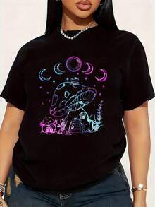 Women's Plus Size T-Shirt With Ombre Moon And Mushroom Print, 1 Piece, Fun, Graphic, Short Sleeve, Novelty, 100% Cotton, Casual Crew Neck, 220g - 黑色 - 查看 1
