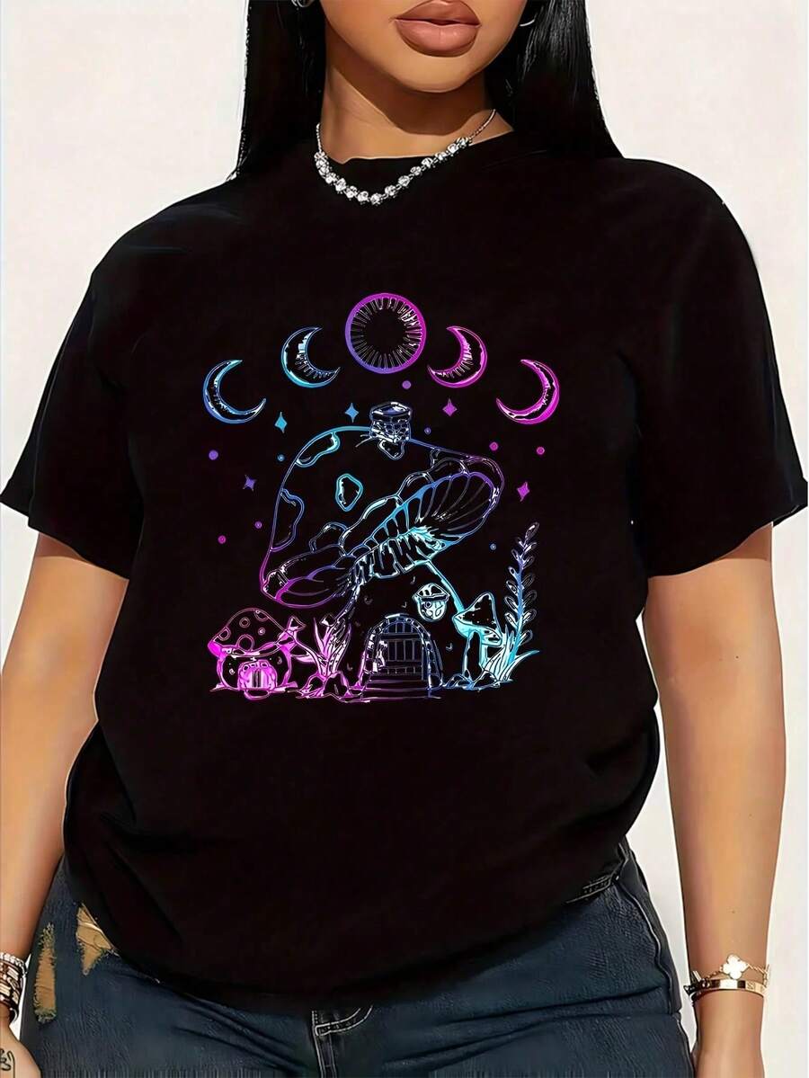 Women's Plus Size T-Shirt With Ombre Moon And Mushroom Print, 1 Piece, Fun, Graphic, Short Sleeve, Novelty, 100% Cotton, Casual Crew Neck, 220g - 黑色 - 查看 1