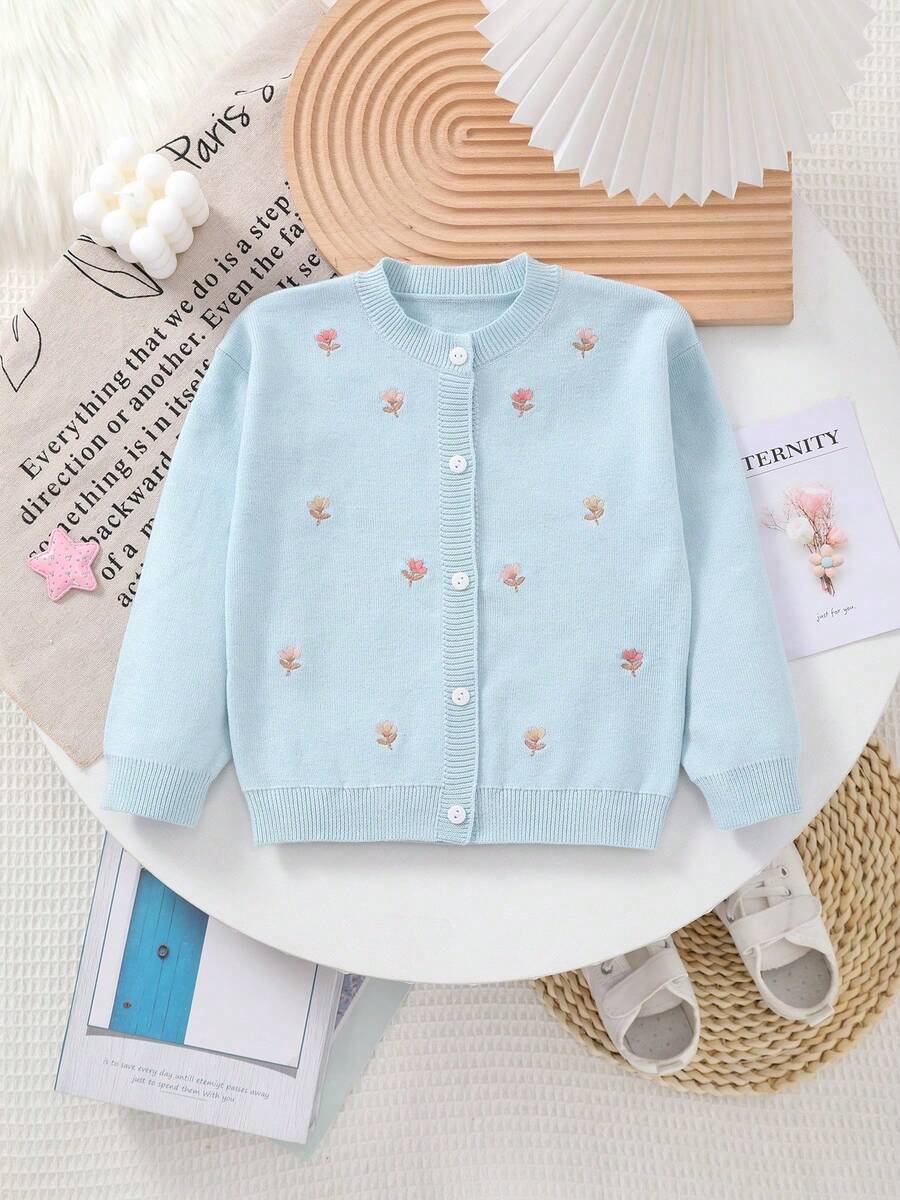 Baby Girl Knitted Round Neck Floral Pattern Embroidered Cardigan - Baby Blue - View 1