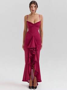 Sleeveless Maxi Dress With Straps, European Style, High-End Elegant Summer Fashion, Ideal For Women's Casual Parties - 酒紅色 - 查看 5