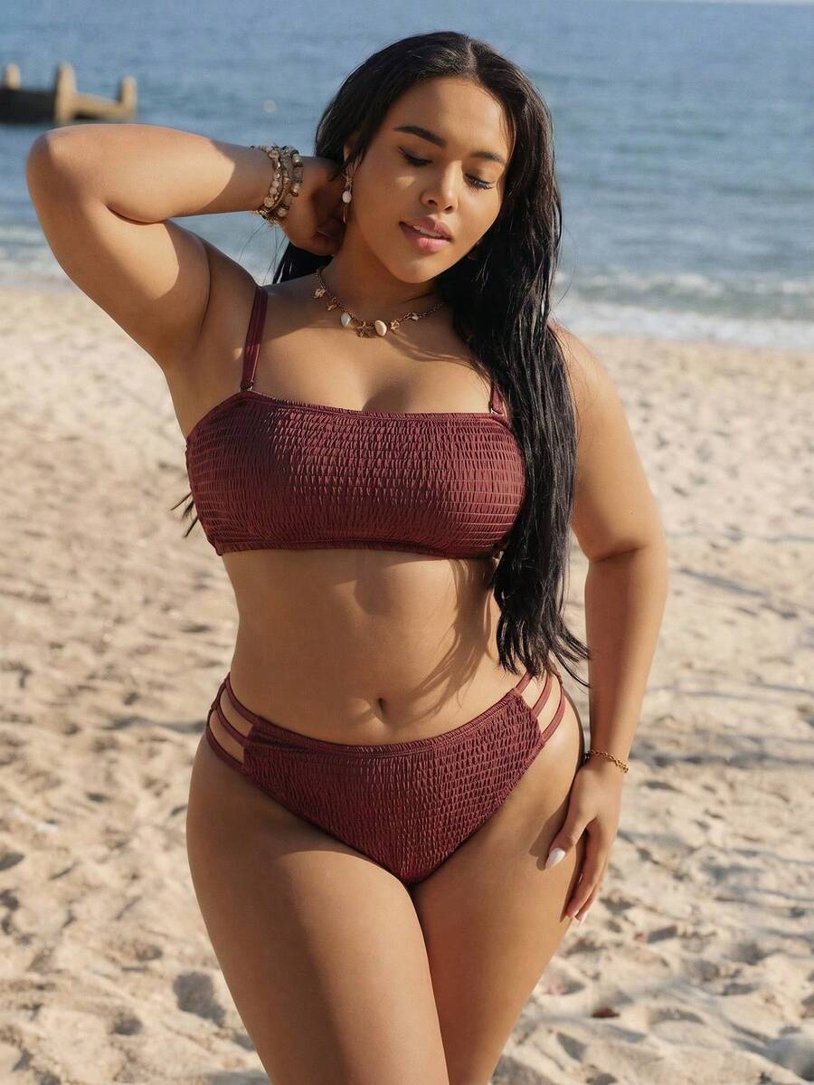 Swim Vcay Bikini estilo europeo y americano en color marrón, traje de baño tipo bandeau ajustado para mujeres - Marrón - Ver 1