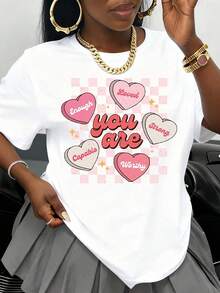 Eres suficientemente amada, fuerte, capaz, digna, diseño de corazón, camiseta blanca para mujer, regalo de San Valentín, camiseta gráfica motivadora, top casual de moda. - Blanco - Ver 1